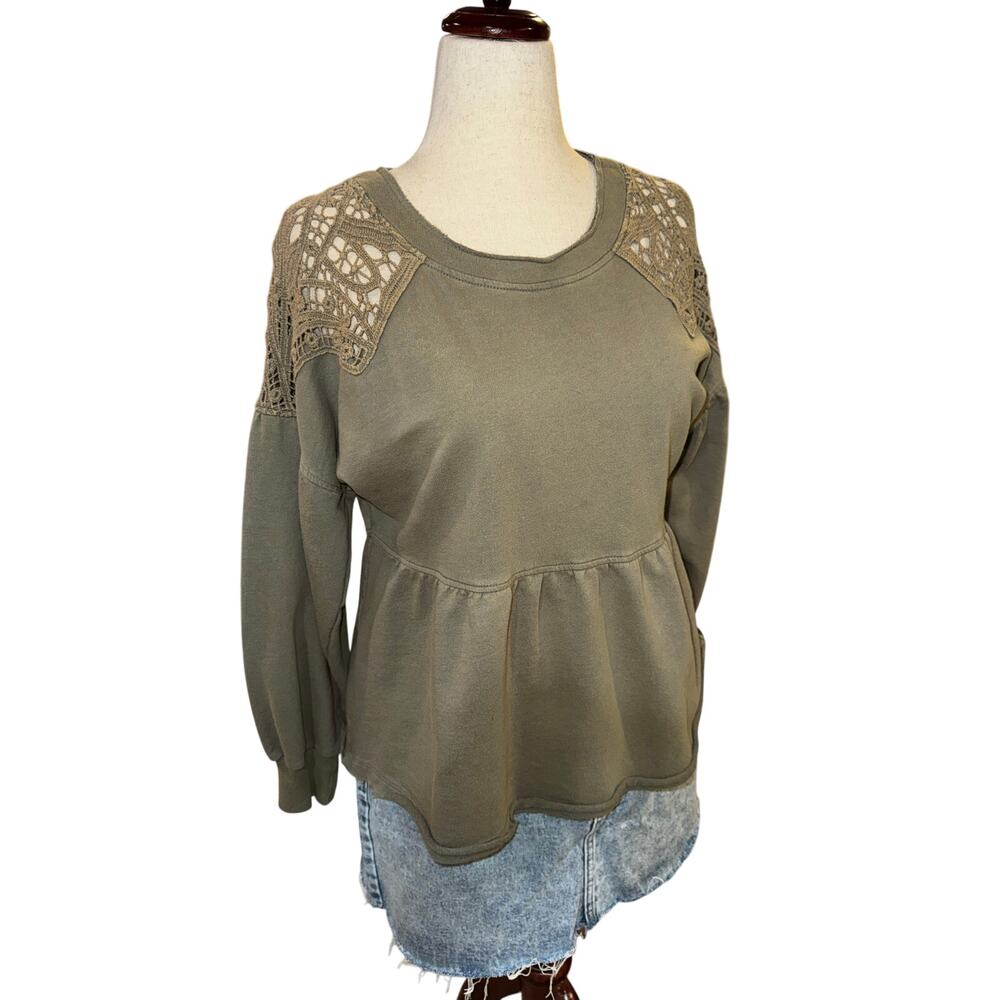 Altar’d State Green Lace Shoulder Sweatshirt Flutter Hem Cotton Size M